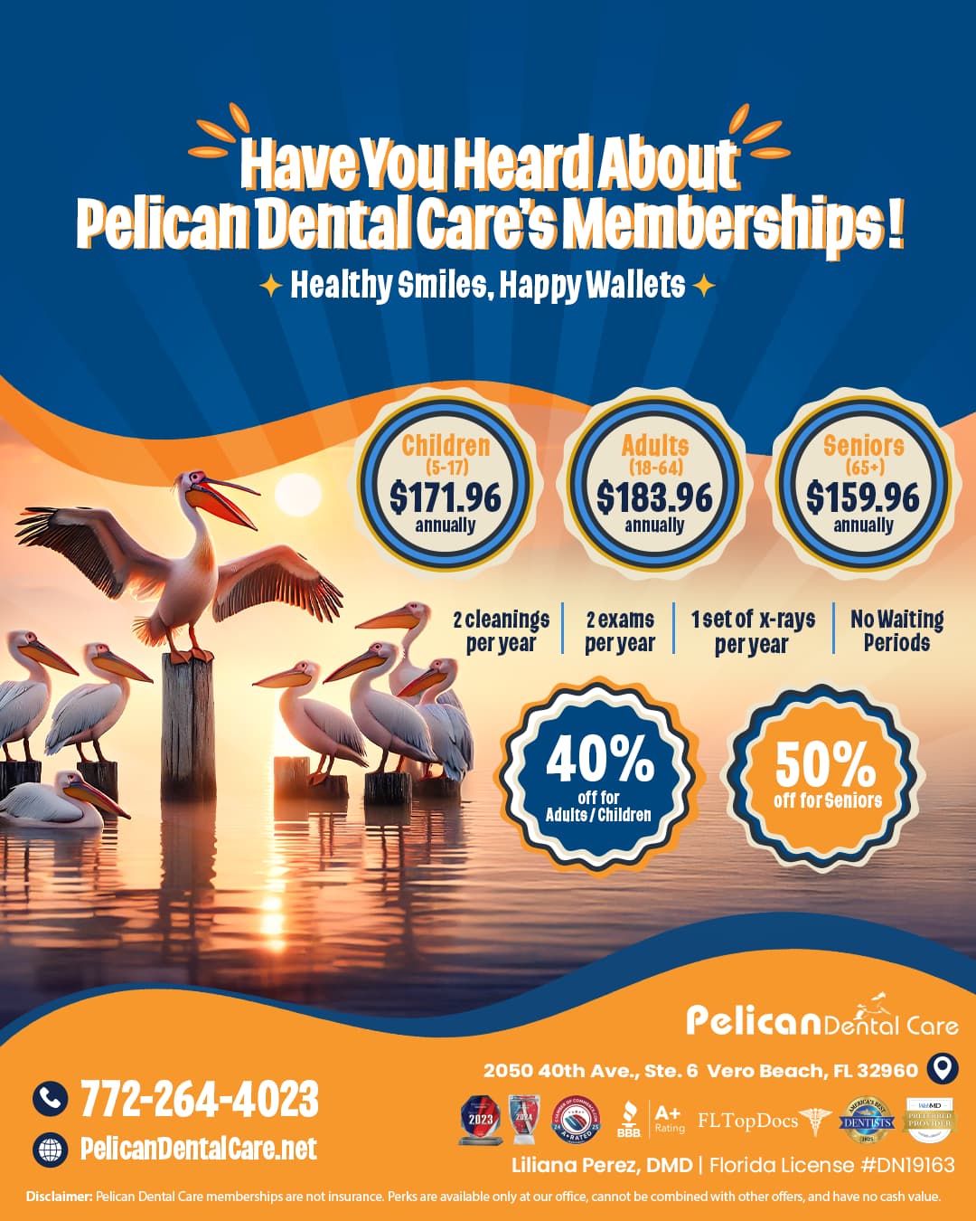 Folheto do Pelican Dental Care Access Membership mostrando opções de associação para adultos, idosos e crianças em Vero Beach, Flórida - com pelicanos ao pôr do sol, preços, porcentagens de economia e serviços odontológicos incluídos, como limpezas, exames e raios X.